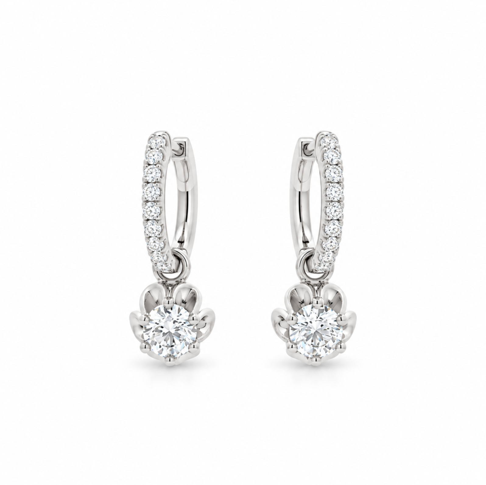 18ct white gold diamond flower drop earrings with claw-set huggie tops and removable scalloped cluster drops, featuring 1.03ct GIA-certified centre diamonds and 0.17ct accent diamonds, F–G colour SI1 clarity.