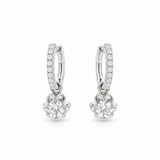 18ct white gold diamond flower drop earrings with claw-set huggie tops and removable scalloped cluster drops, featuring 1.03ct GIA-certified centre diamonds and 0.17ct accent diamonds, F–G colour SI1 clarity.