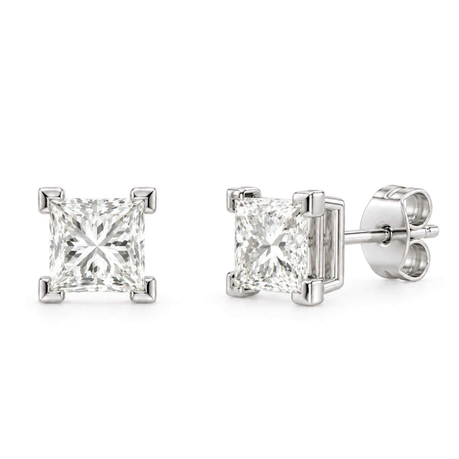 A pair of princess-cut diamond stud earrings in a white gold four-prong setting, shown from both front and side angles on a white background.