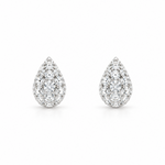 A pair of teardrop-shaped pavé stud earrings set with diamonds in a silver-toned metal, shown on a clean white background.