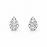 A pair of teardrop-shaped pavé stud earrings set with diamonds in a silver-toned metal, shown on a clean white background.