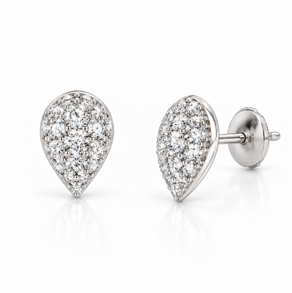 A pair of teardrop-shaped pavé diamond stud earrings in silver-tone metal, shown from the front and side on a clean white background.