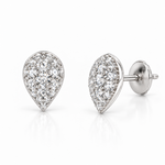 A pair of teardrop-shaped pavé diamond stud earrings in silver-tone metal, shown from the front and side on a clean white background.