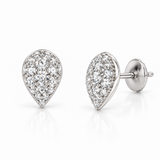 A pair of teardrop-shaped pavé diamond stud earrings in silver-tone metal, shown from the front and side on a clean white background.