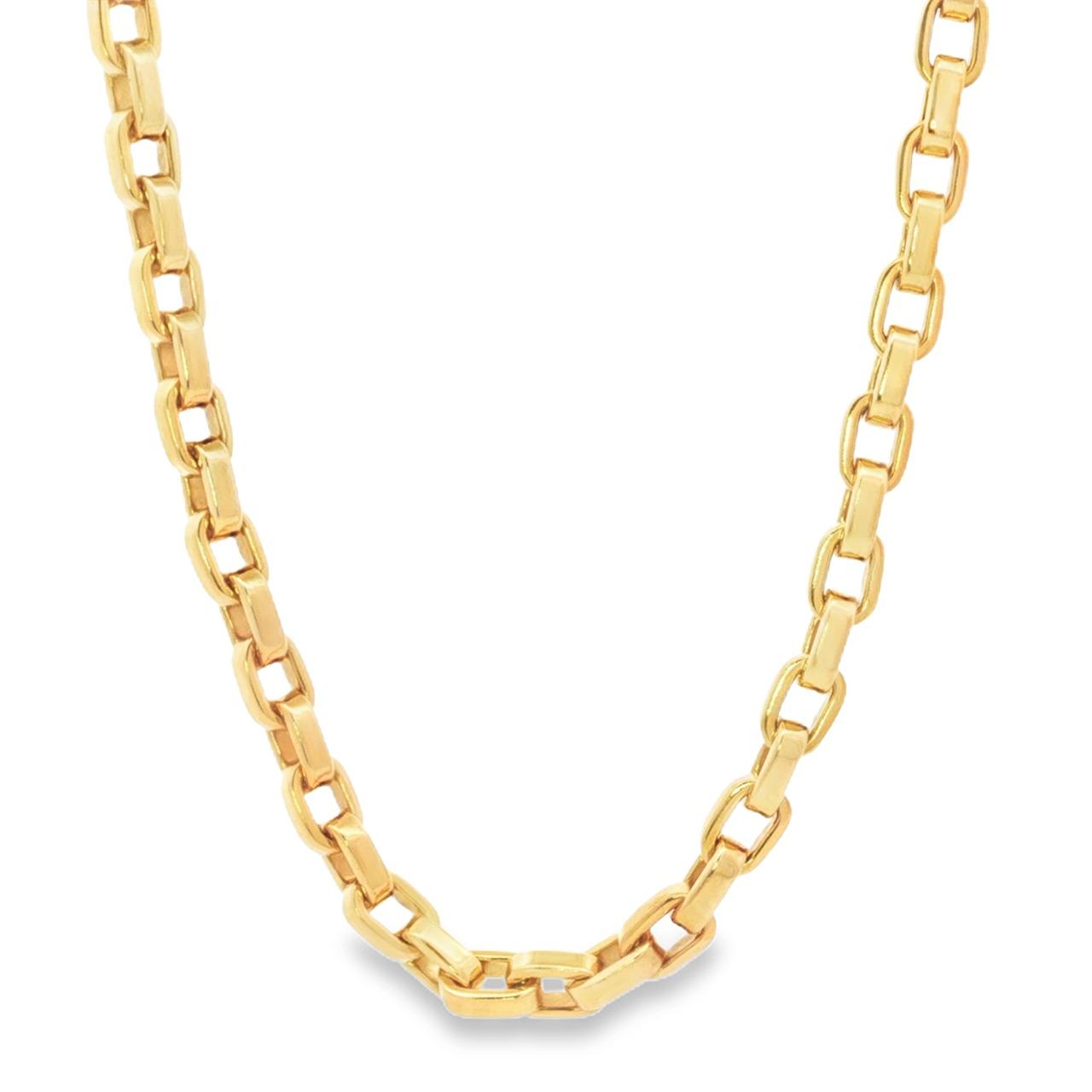 18ct yellow gold solid oval link necklet with elongated polished links and figure 8 parrot clasp, 45cm.