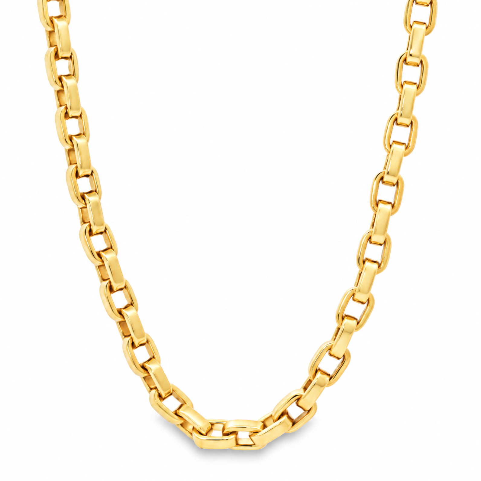 18ct yellow gold solid oval link necklet with elongated polished links and figure 8 parrot clasp, 45cm.