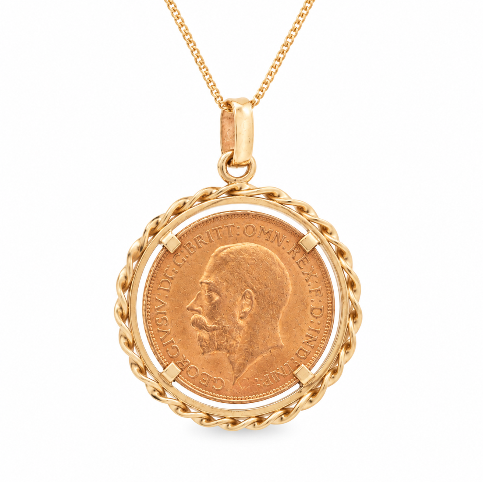 A gold pendant necklace featuring a circular coin with a King George profile portrait, set in a braided rope-style gold border and suspended from a fine gold chain against a white background.