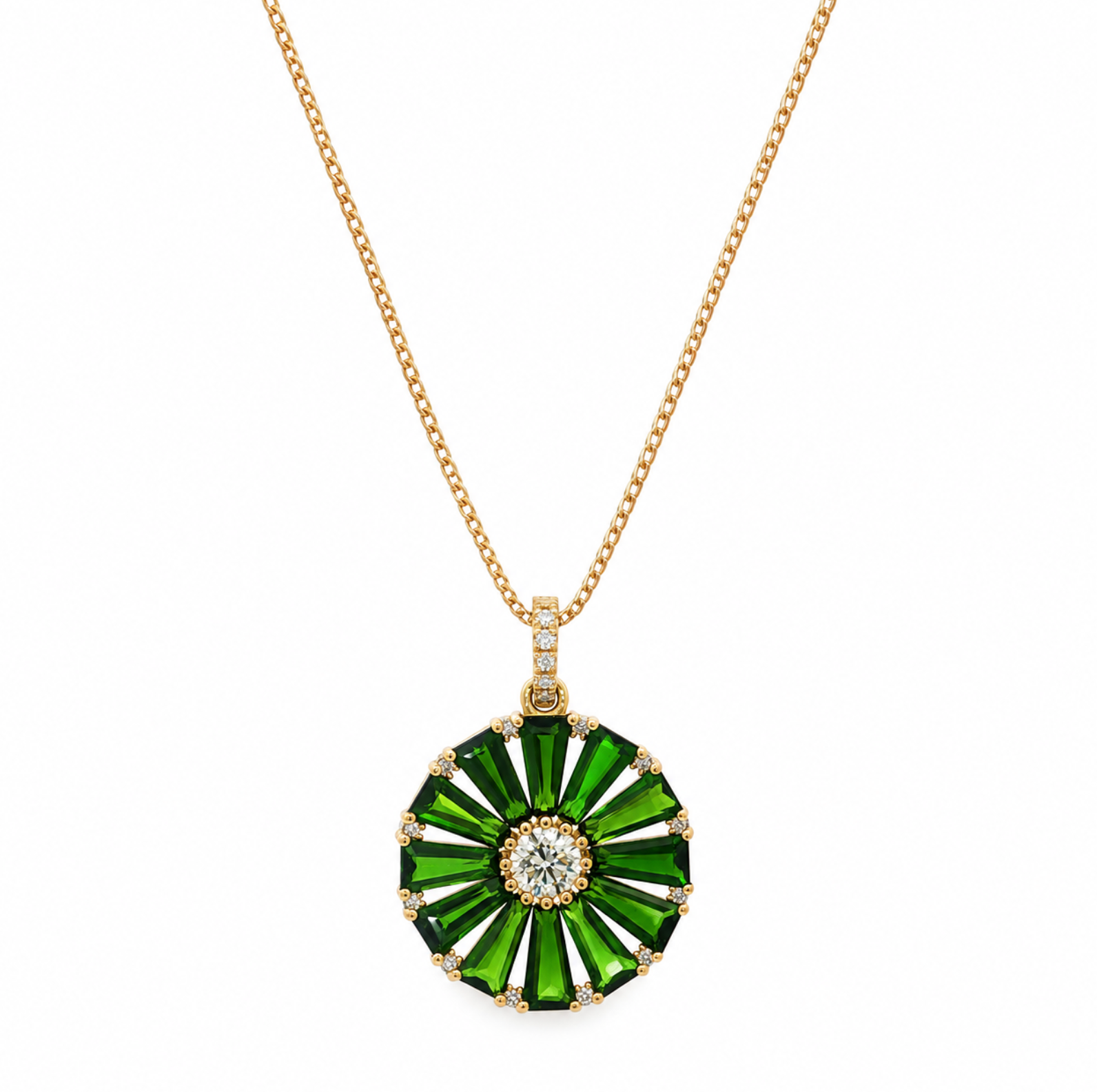 18ct yellow gold chrome diopside and diamond wheel pendant with central diamond