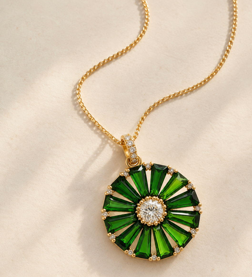 18ct yellow gold chrome diopside and diamond wheel pendant with central diamond
