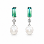 18ct white gold drop earrings featuring oval South Sea pearls, emerald cut ombré bi-colour tourmalines and bezel set natural round brilliant cut diamonds.