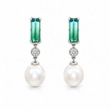 18ct white gold drop earrings featuring oval South Sea pearls, emerald cut ombré bi-colour tourmalines and bezel set natural round brilliant cut diamonds.