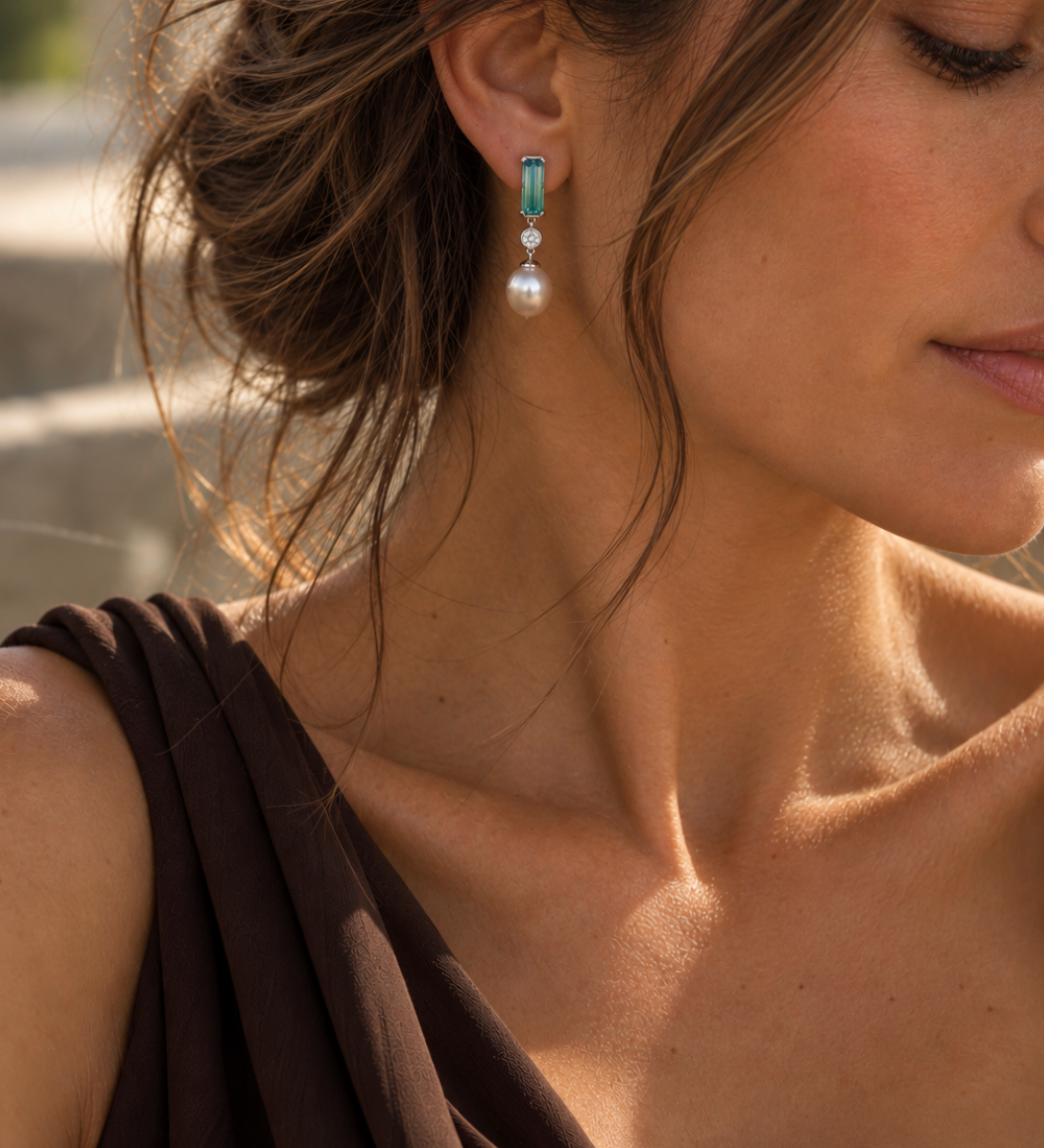 18ct white gold drop earrings featuring oval South Sea pearls, emerald cut ombré bi-colour tourmalines and bezel set natural round brilliant cut diamonds.