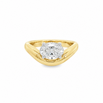 A yellow gold ring featuring a oval brilliant-cut diamond east west setting, cured yellow old band