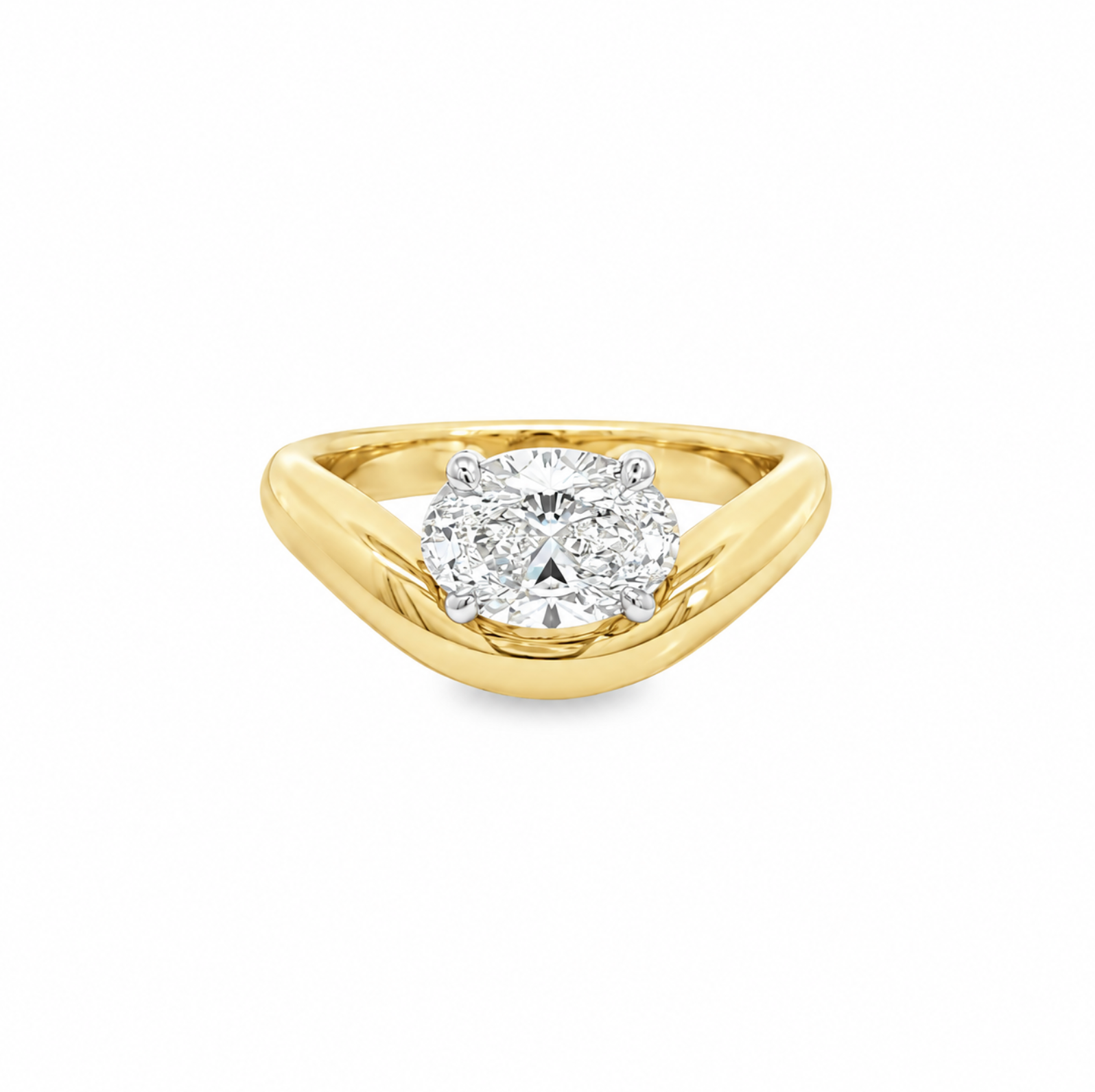A yellow gold ring featuring a oval brilliant-cut diamond east west setting, cured yellow old band