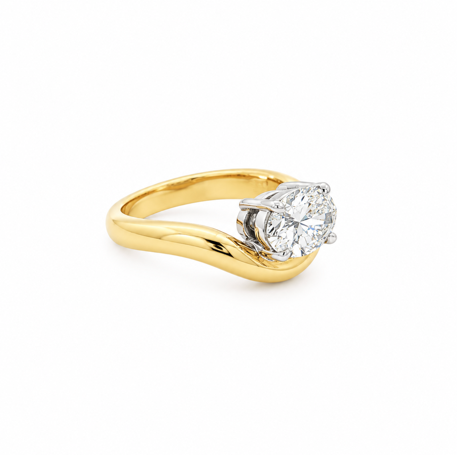 A yellow gold solitaire engagement ring with a oval brilliant-cut diamond set in a four-prong east-west setting, shown on a clean white background.