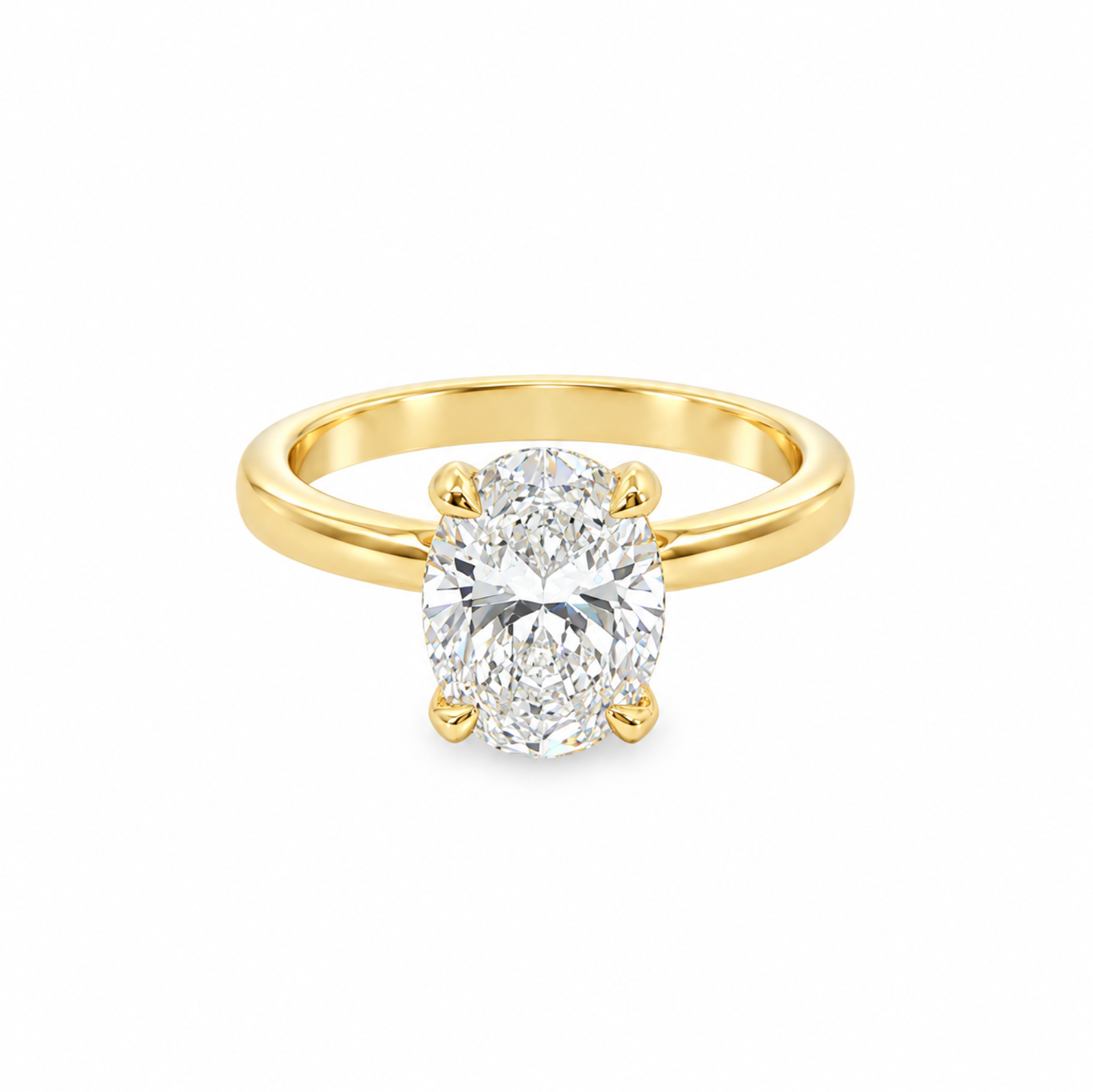 A yellow gold solitaire ring featuring a large oval-cut diamond in a four-prong setting, shown on a clean white background.