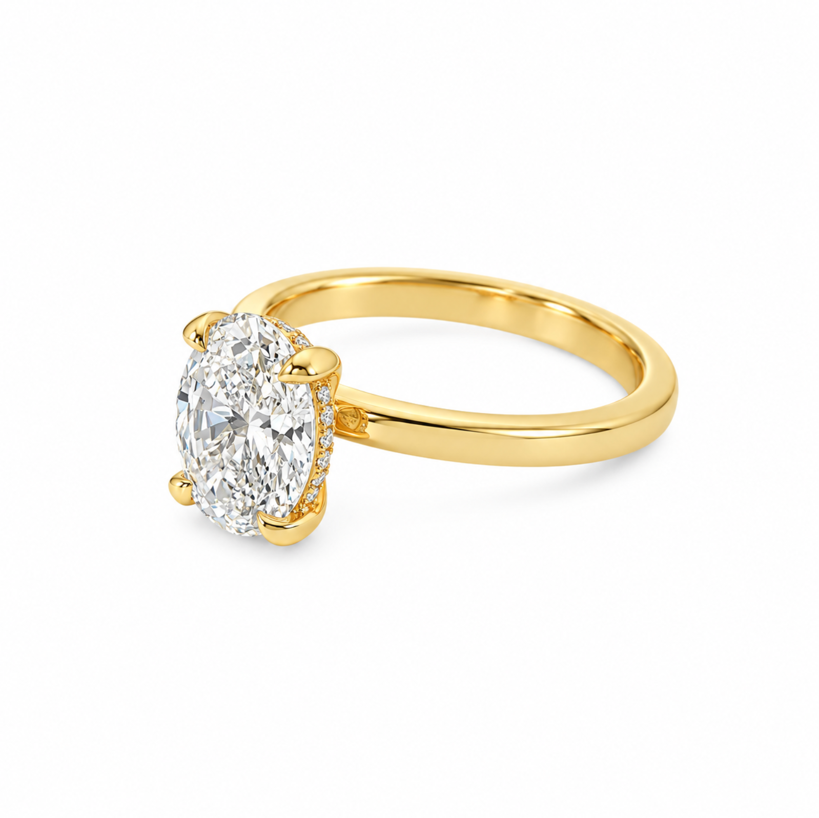 A yellow gold solitaire ring featuring a large oval-cut diamond in a four-prong setting, accented by a halo of small round diamonds on the band, shown on a plain white background.