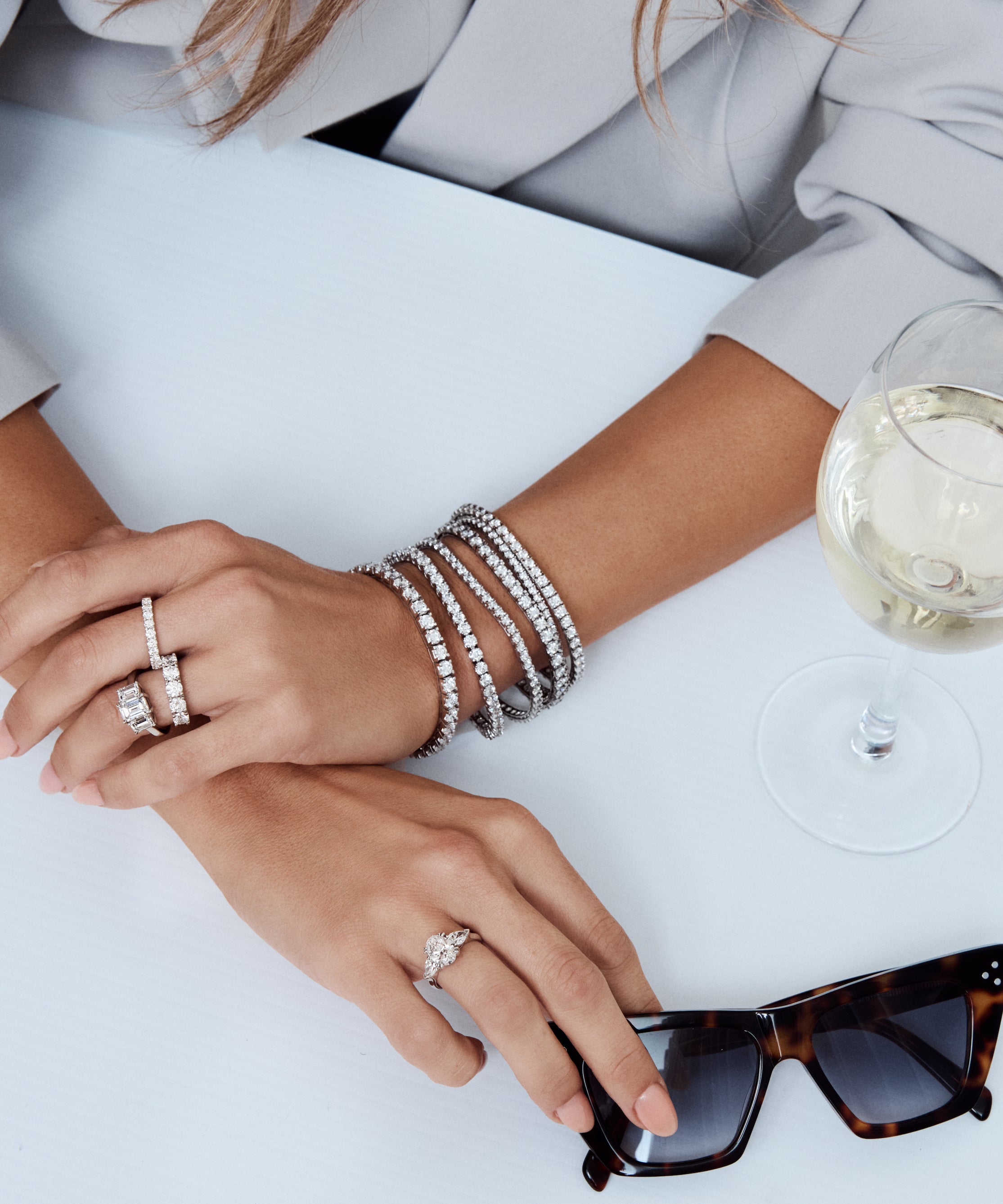 Diamond rings with tennis bracelet stack