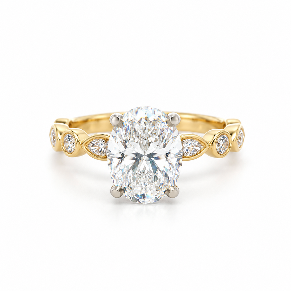 2.50ct oval diamond engagement ring in 18ct yellow and white gold with four-claw setting and alternating marquise-shaped and round diamond shoulders.