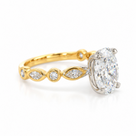 Side view of 2.50ct oval diamond engagement ring showing the white gold centre setting and yellow gold diamond-set shoulders.