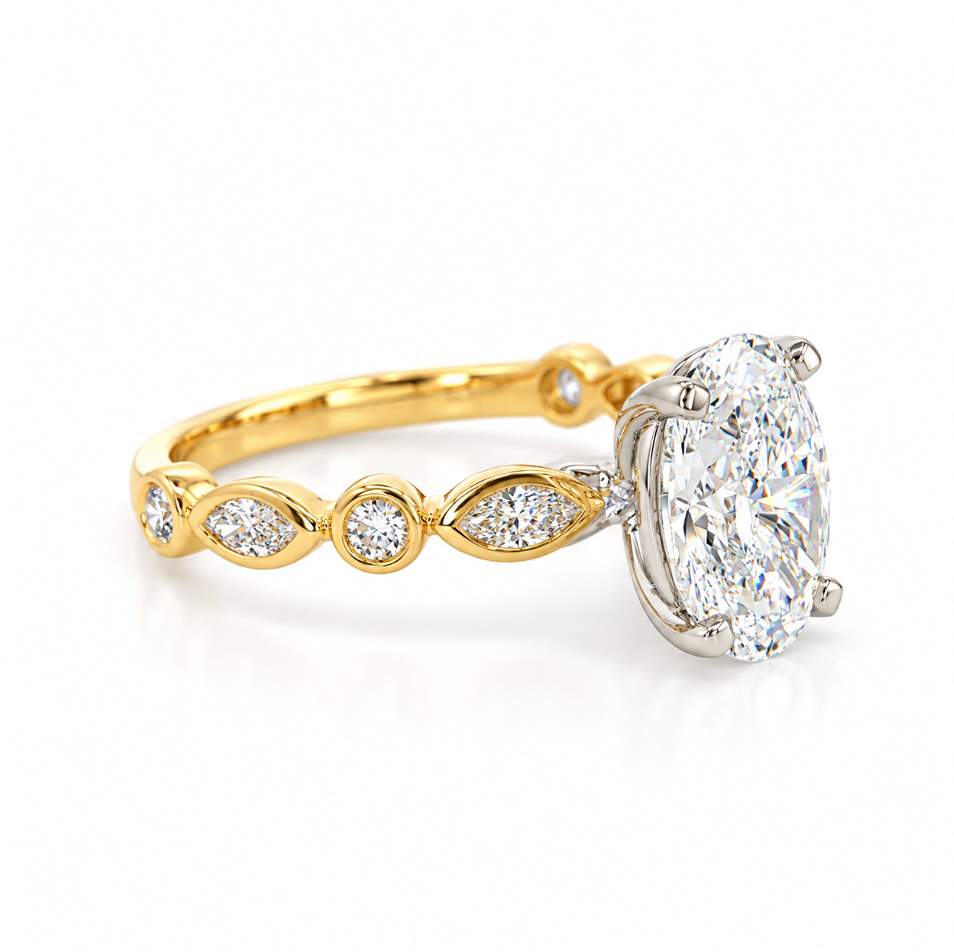 Side view of 2.50ct oval diamond engagement ring showing the white gold centre setting and yellow gold diamond-set shoulders.