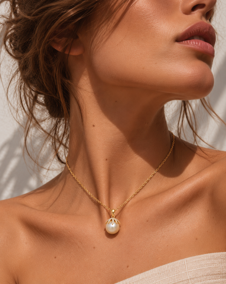 18ct yellow gold South Sea pearl and diamond pendant featuring a 14mm light golden pearl with a sculptural pavé diamond-set cap.