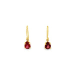 18ct yellow gold drop earrings featuring 8x6mm pear-cut pink tourmalines in claw and cap settings with elegant hook fittings. Romantic and timeless design.
