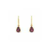 18ct yellow gold drop earrings featuring 8x6mm pear-cut pink tourmalines in claw and cap settings with elegant hook fittings. Romantic and timeless design.