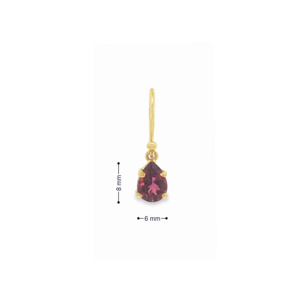 18ct yellow gold drop earrings featuring 8x6mm pear-cut pink tourmalines in claw and cap settings with elegant hook fittings. Romantic and timeless design.
