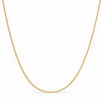 9ct yellow gold flat curb link chain featuring fine polished interlocking links, measuring 45cm long and 1.35mm wide.