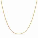 9ct yellow gold flat curb link chain featuring fine polished interlocking links, measuring 45cm long and 1.35mm wide.