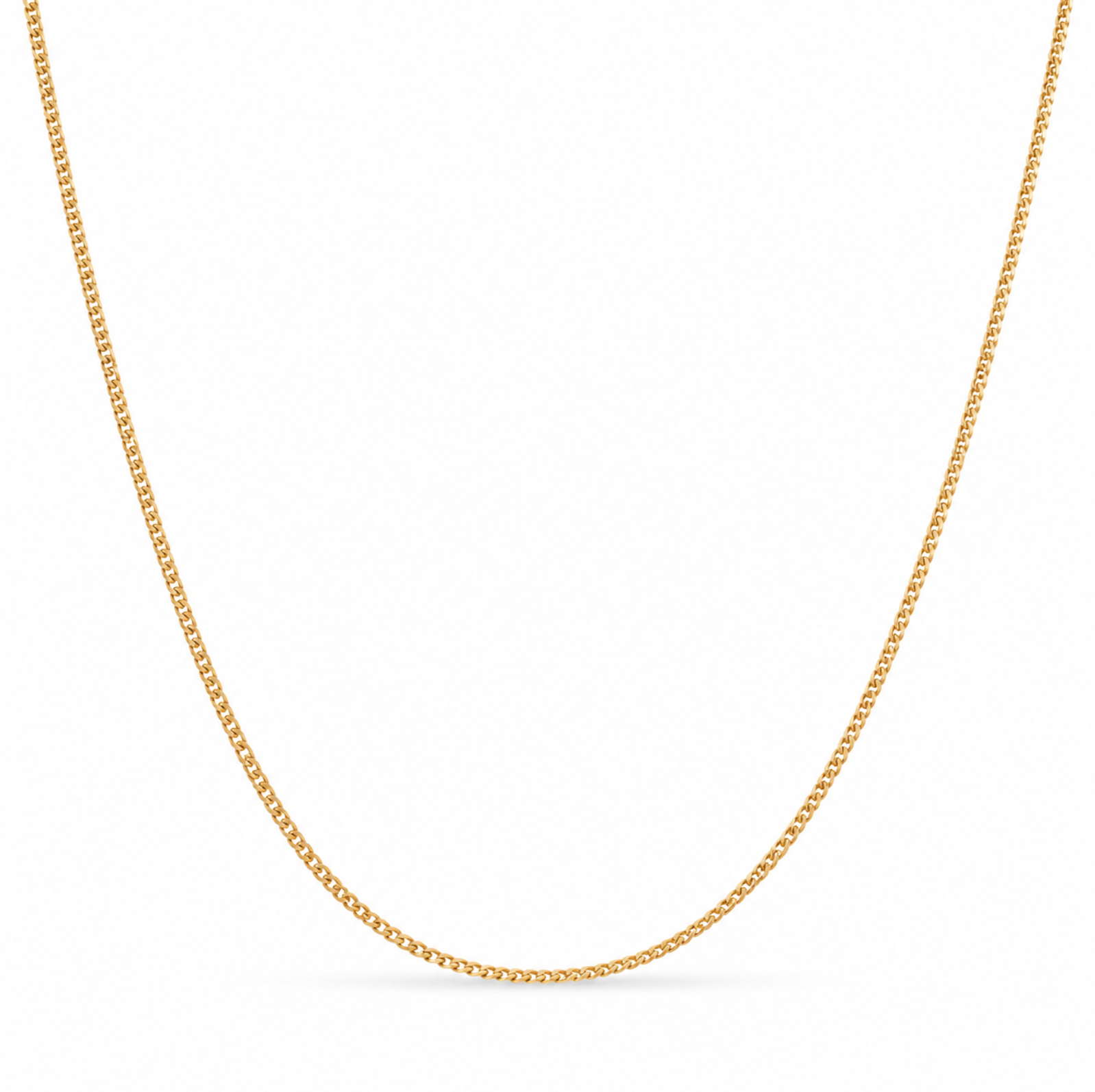 9ct yellow gold flat curb link chain featuring fine polished interlocking links, measuring 45cm long and 1.35mm wide.