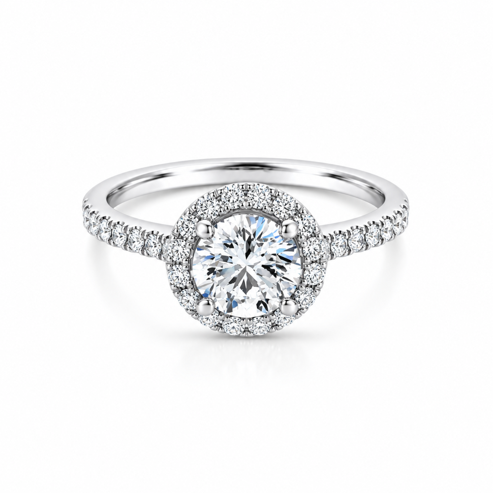 18ct white gold diamond halo ring featuring a 1.01ct round brilliant cut centre diamond with a circular diamond halo and claw-set shoulders.