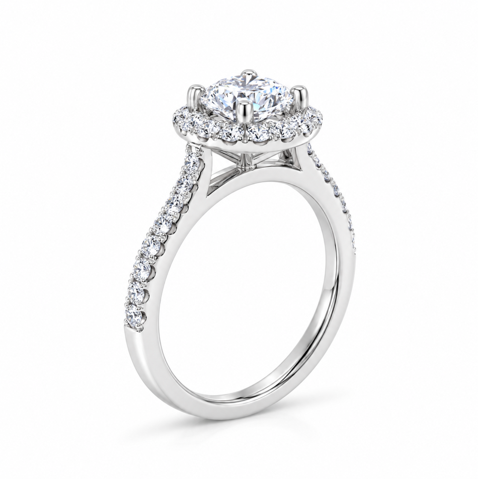 18ct white gold diamond halo ring featuring a 1.01ct round brilliant cut centre diamond with a circular diamond halo and claw-set shoulders.