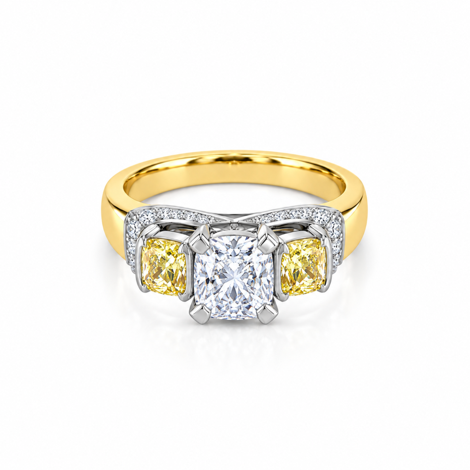 18ct yellow and white gold diamond ring featuring a 0.91ct cushion cut centre diamond with Fancy Yellow side diamonds and round diamond accents.