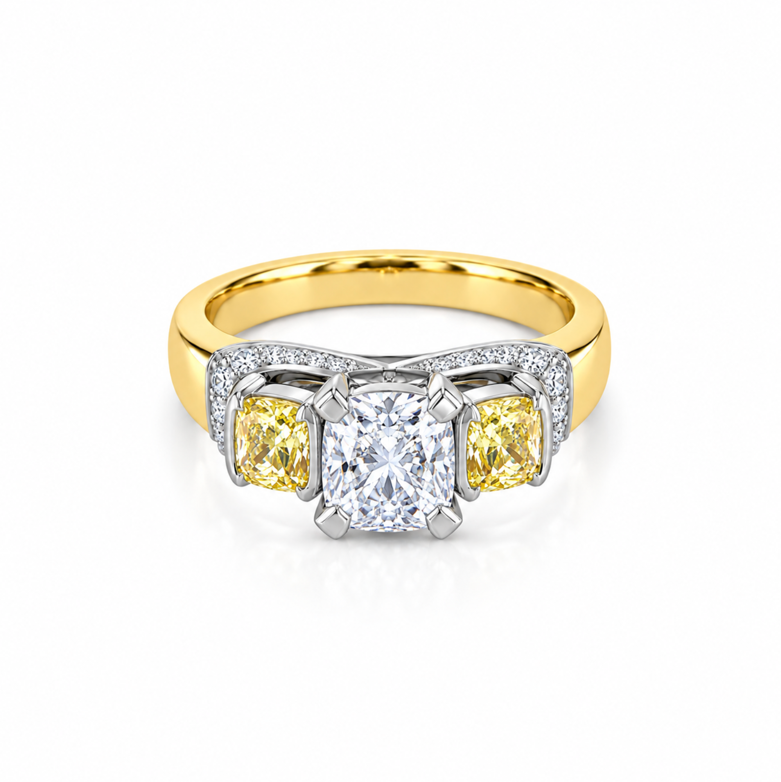 18ct yellow and white gold diamond ring featuring a 0.91ct cushion cut centre diamond with Fancy Yellow side diamonds and round diamond accents.