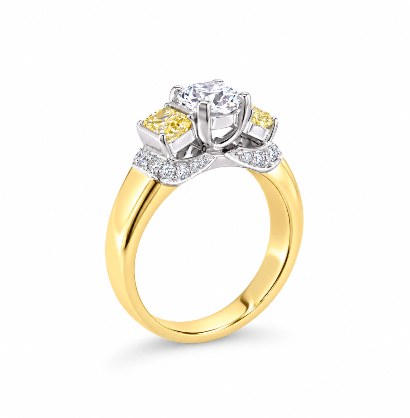 18ct yellow and white gold diamond ring featuring a 0.91ct cushion cut centre diamond with Fancy Yellow side diamonds and round diamond accents.