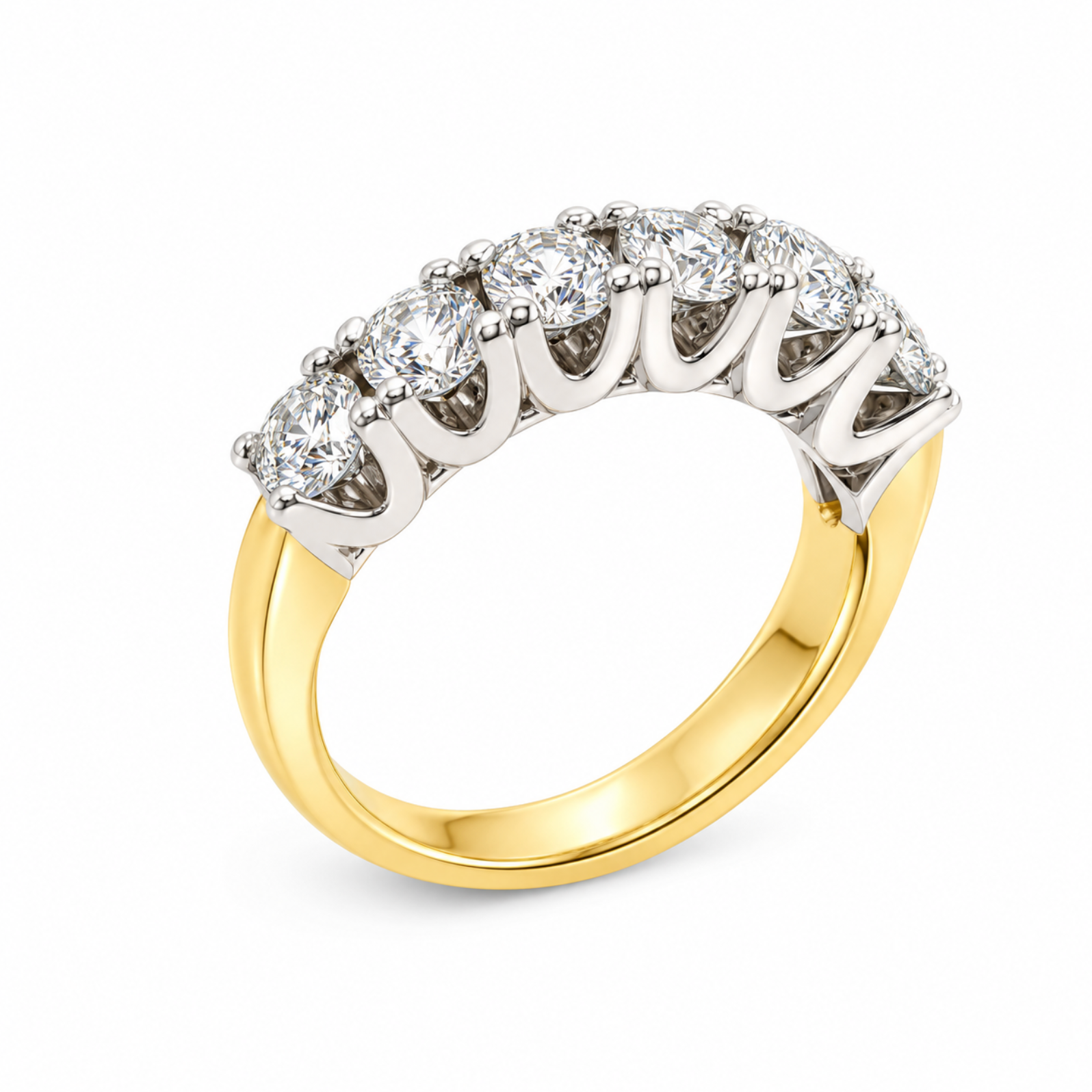 Side view of seven-stone diamond ring showing the distinctive V-shaped undercarriage beneath the shared-claw diamond settings.