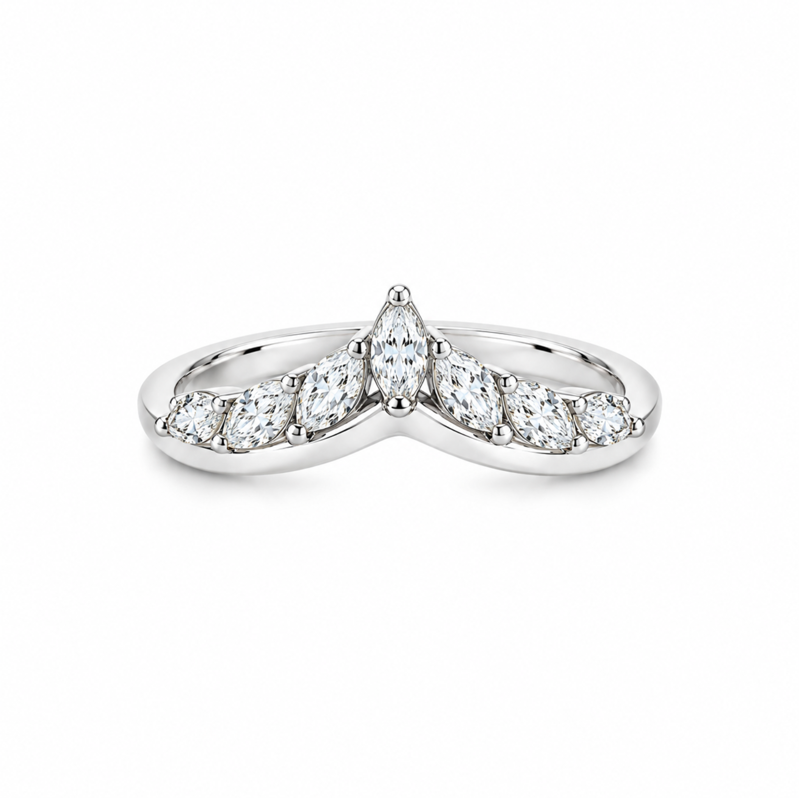 18ct white gold tiara-style ring featuring seven marquise cut diamonds totalling 0.33ct, claw set to form a delicate pointed crown shape.