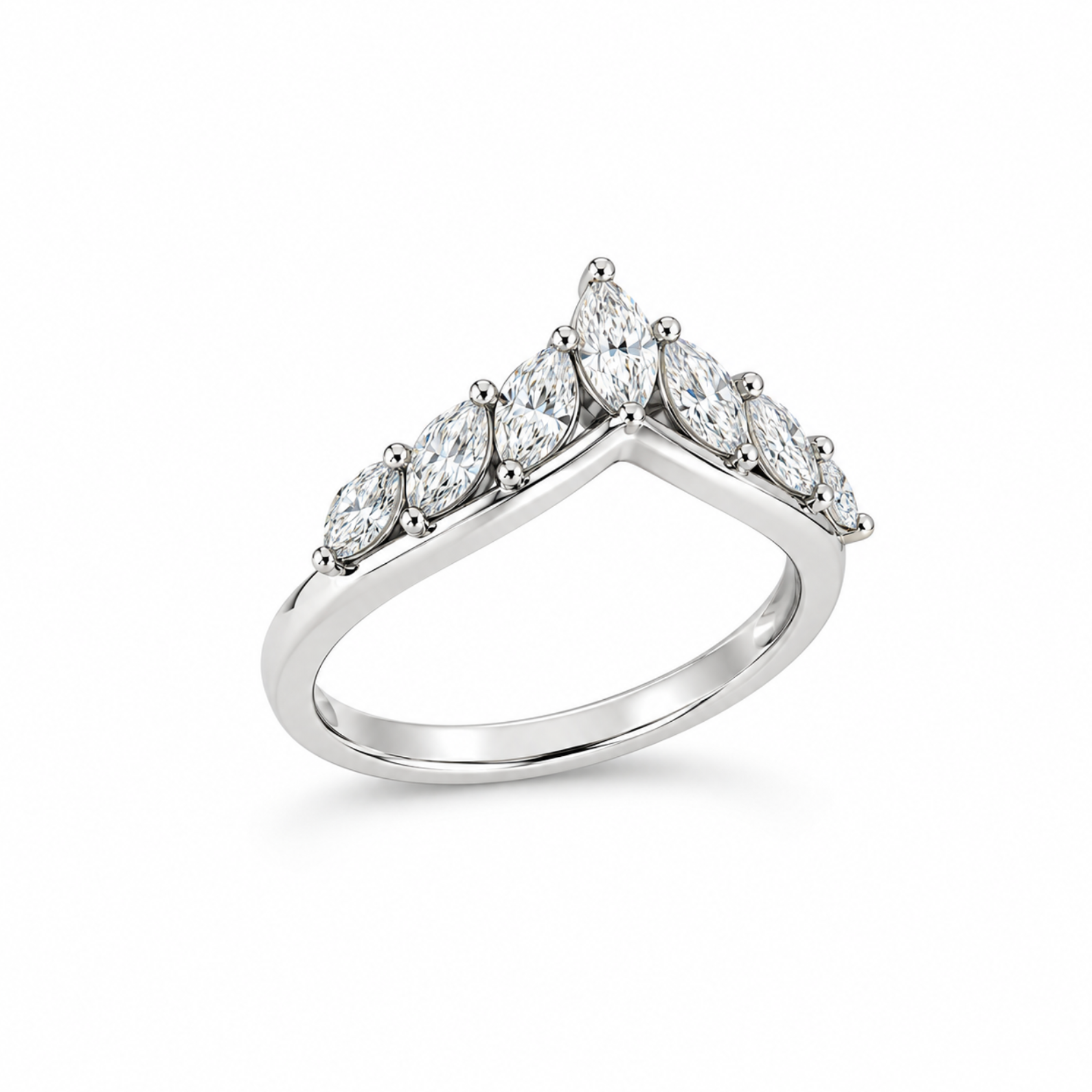 18ct white gold tiara-style ring featuring seven marquise cut diamonds totalling 0.33ct, claw set to form a delicate pointed crown shape.