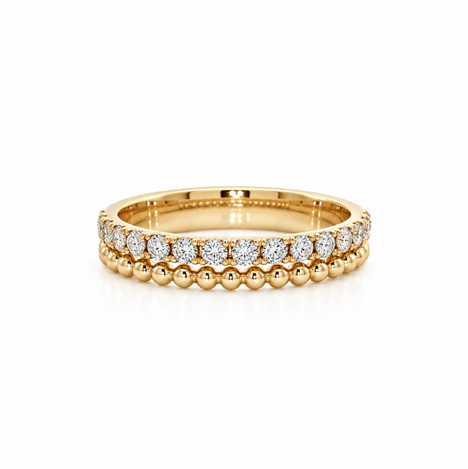 18ct yellow gold diamond band ring with 14 natural round brilliant cut diamonds and beaded detail