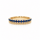 18ct yellow gold band ring with 14 round cut natural sapphires and beaded detailing