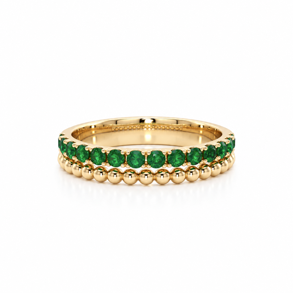 18ct yellow gold band ring with 14 round cut natural emeralds and beaded detailing