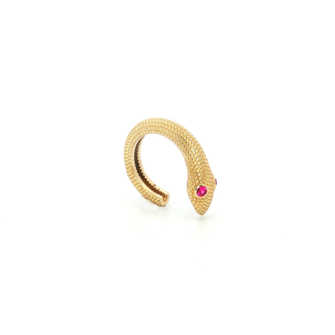 9ct yellow gold snake ear cuff with a beaded textured finish and red cubic zirconia eyes, designed for non-pierced ears.