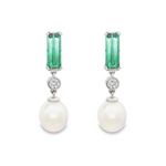 18ct white gold drop earrings featuring oval South Sea pearls, emerald cut ombré bi-colour tourmalines and bezel set natural round brilliant cut diamonds.