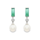 18ct white gold drop earrings featuring oval South Sea pearls, emerald cut ombré bi-colour tourmalines and bezel set natural round brilliant cut diamonds.