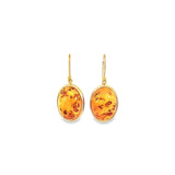 9ct yellow gold amber oval cabochon drop earrings with bezel settings.