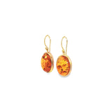 9ct yellow gold amber oval cabochon drop earrings with bezel settings.