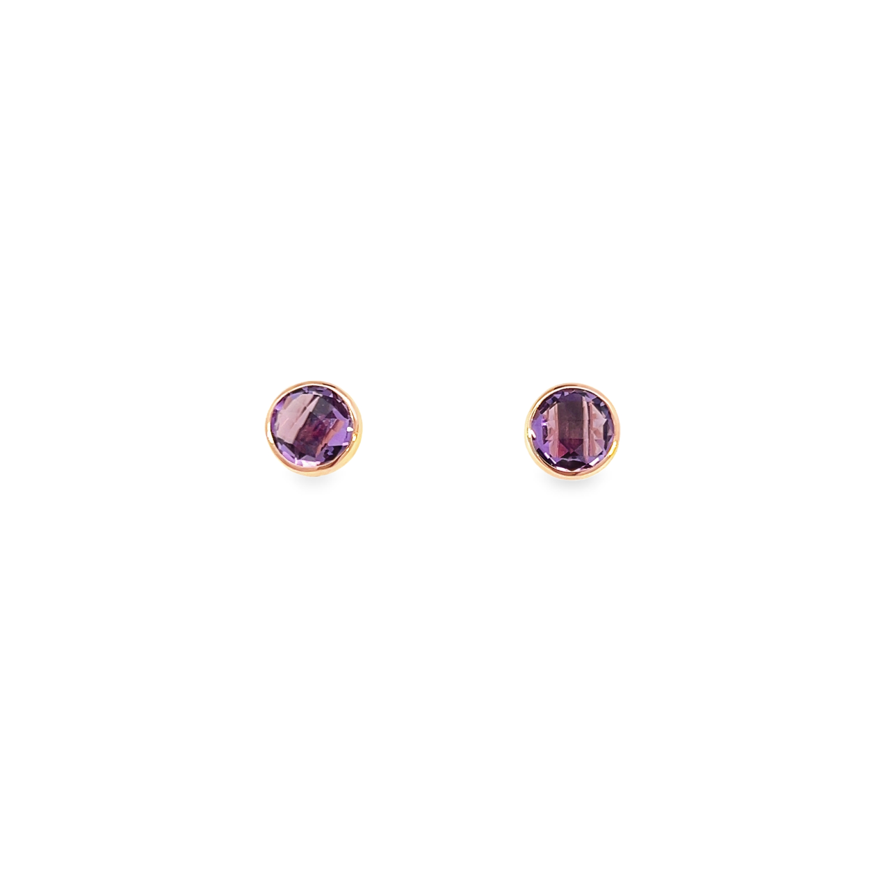 9ct rose gold stud earrings featuring 8.5mm round checkerboard-cut amethysts in bezel settings with post and butterfly fittings.