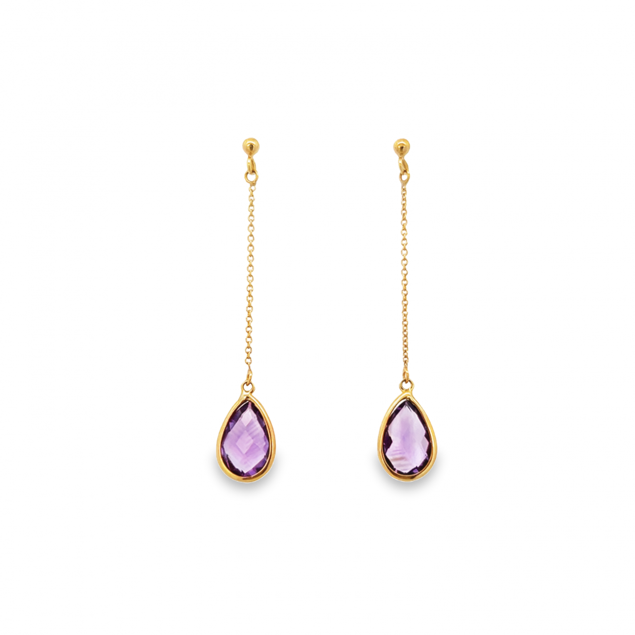 9ct yellow gold earrings featuring pear-shaped faceted amethyst drops suspended from fine trace chains.